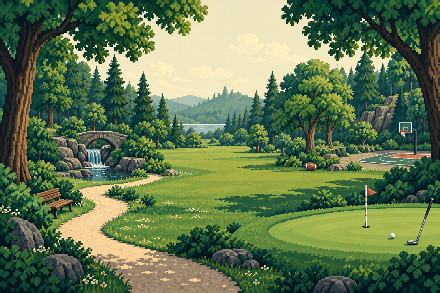 Pixel-art green park with trees, a golf green, rugby and a basketball court